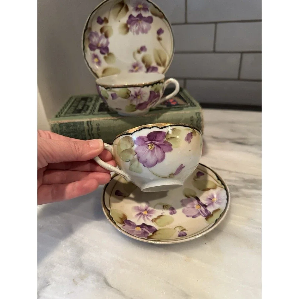 Vtg Nippon Porcelain 2 Tea Cups & Saucer Set Purple Violet Floral with Gold Trim